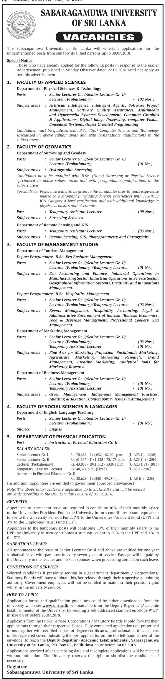 Senior Lecturer, Lecturer, Temporary Assistant Lecturer, Instructor in Physical Education - Sabaragamuwa University